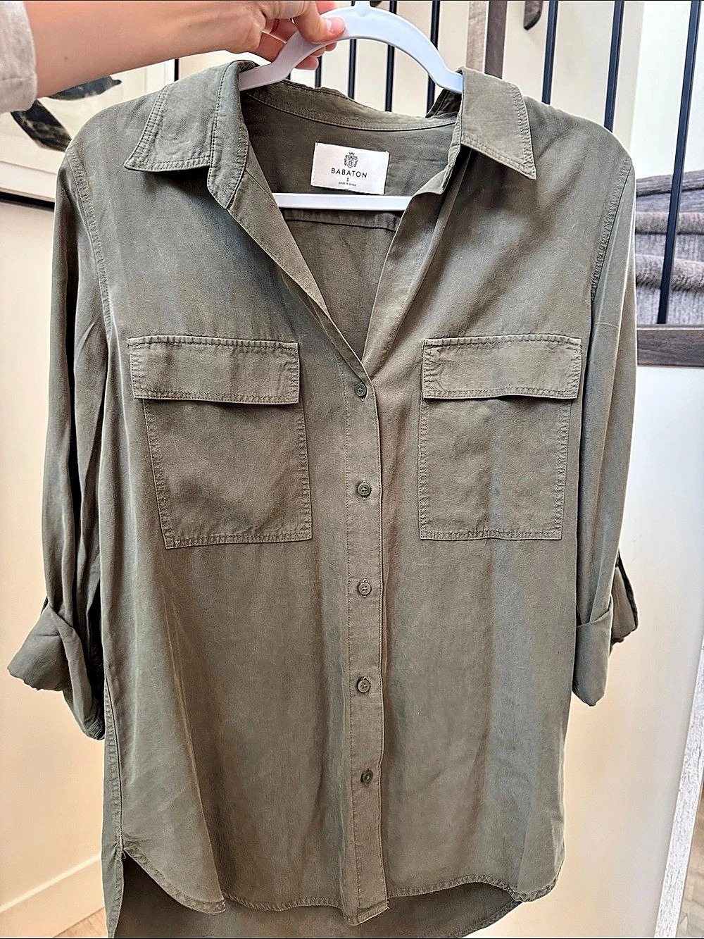 Babaton Utility Button Down Shirt in Green Size Small Like New